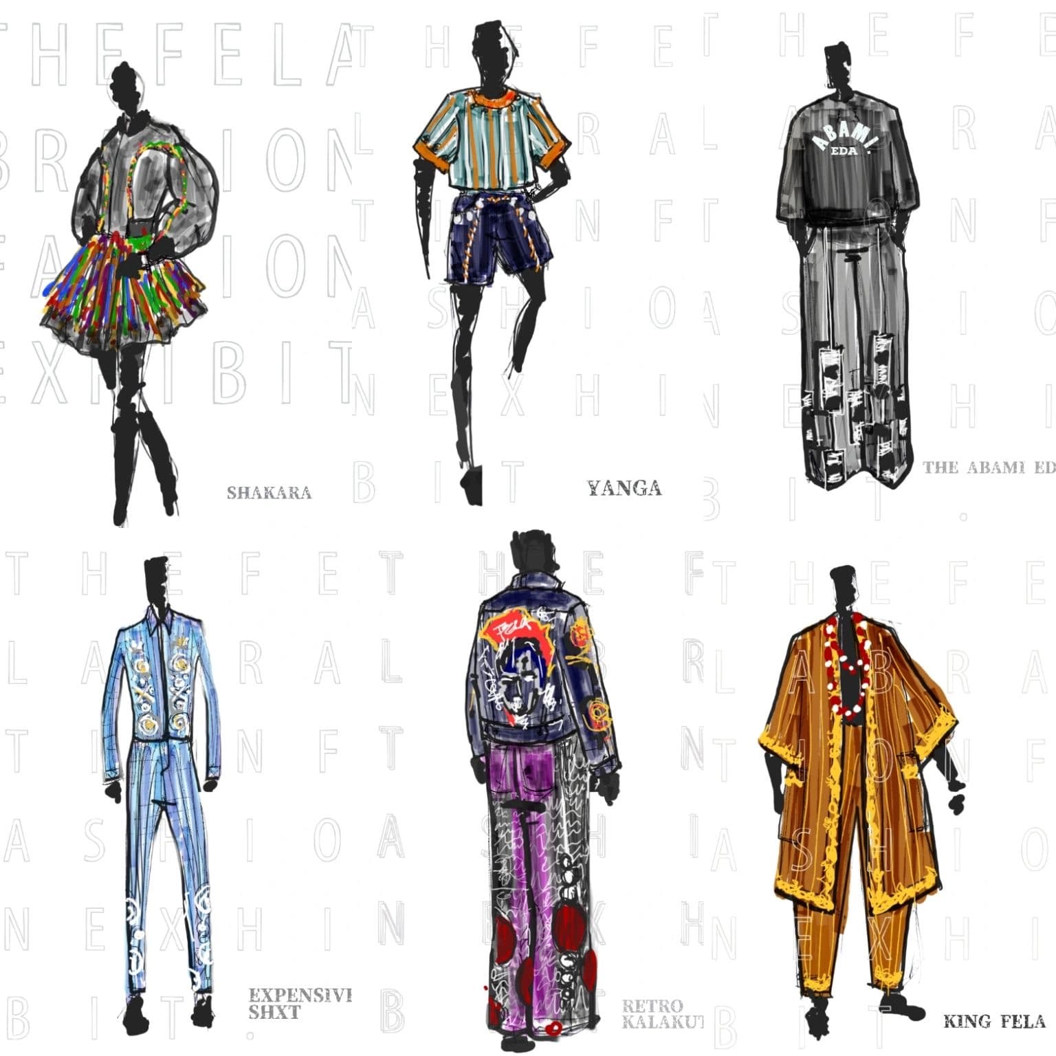 Fela Kuti fashion exhibition sketches